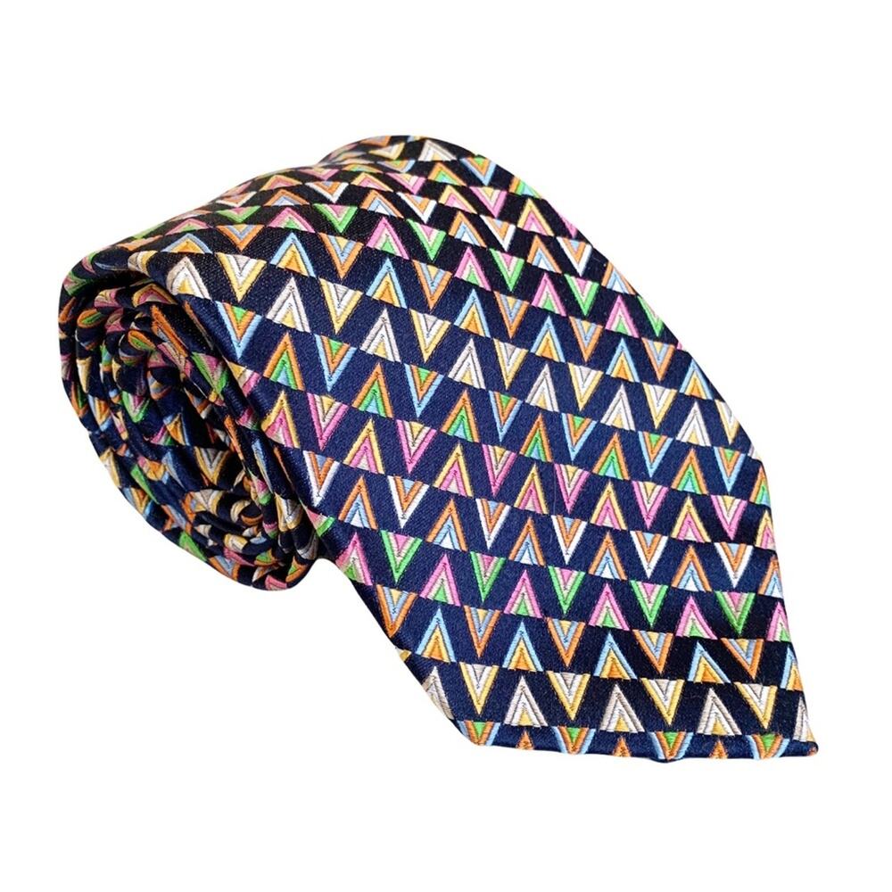 Paul Frederick Navy Multicolor Geo Triangle Print 100% Silk Tie